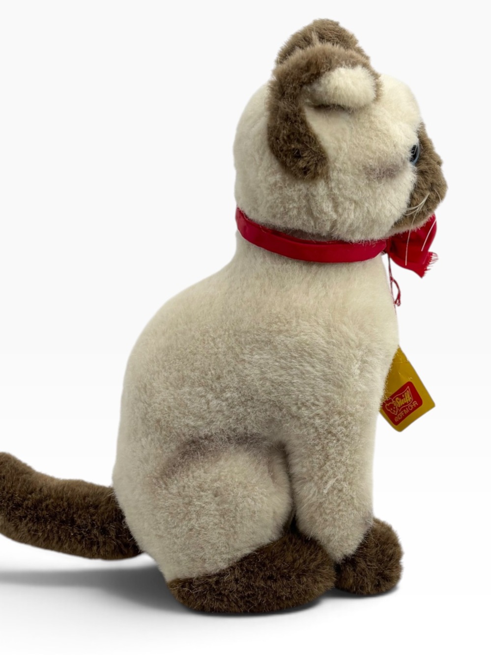 Vintage Steiff Mohair Sitting 10” Tall Cream Brown Siamese Cat Blue Eyes Red Bow - Picture 9 of 12